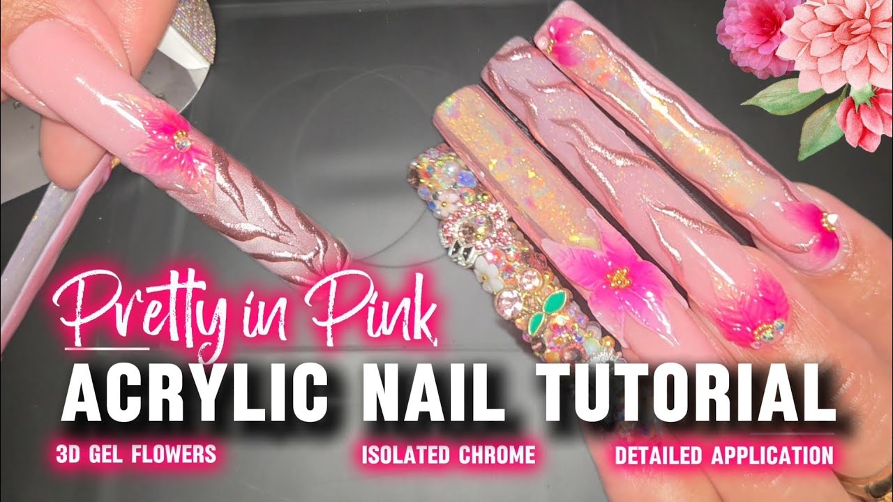 PRETTY PINK ACRYLIC NAILS DETAILED ACRYLIC APPLICATION 🩷✨️ 3D GEL FLOWERS & HELLO KITTY BLING NAIL 