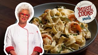 Famous Anne Burrell's Laminated Pasta with Shrimp and Zucchini | Worst Cooks in America | Food Network Wealth