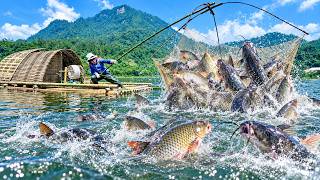 Traditional fishing skills: A girl pulls a net packed with giant fish from a hidden mountain lake