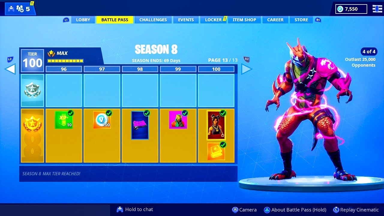 new free season 8 battle pass 100 tiers unlocked fortnite battle royale - season 8 fortnite free battle pass