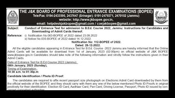 JKBOPEE B.ED Entrance Test || Jammu 2022