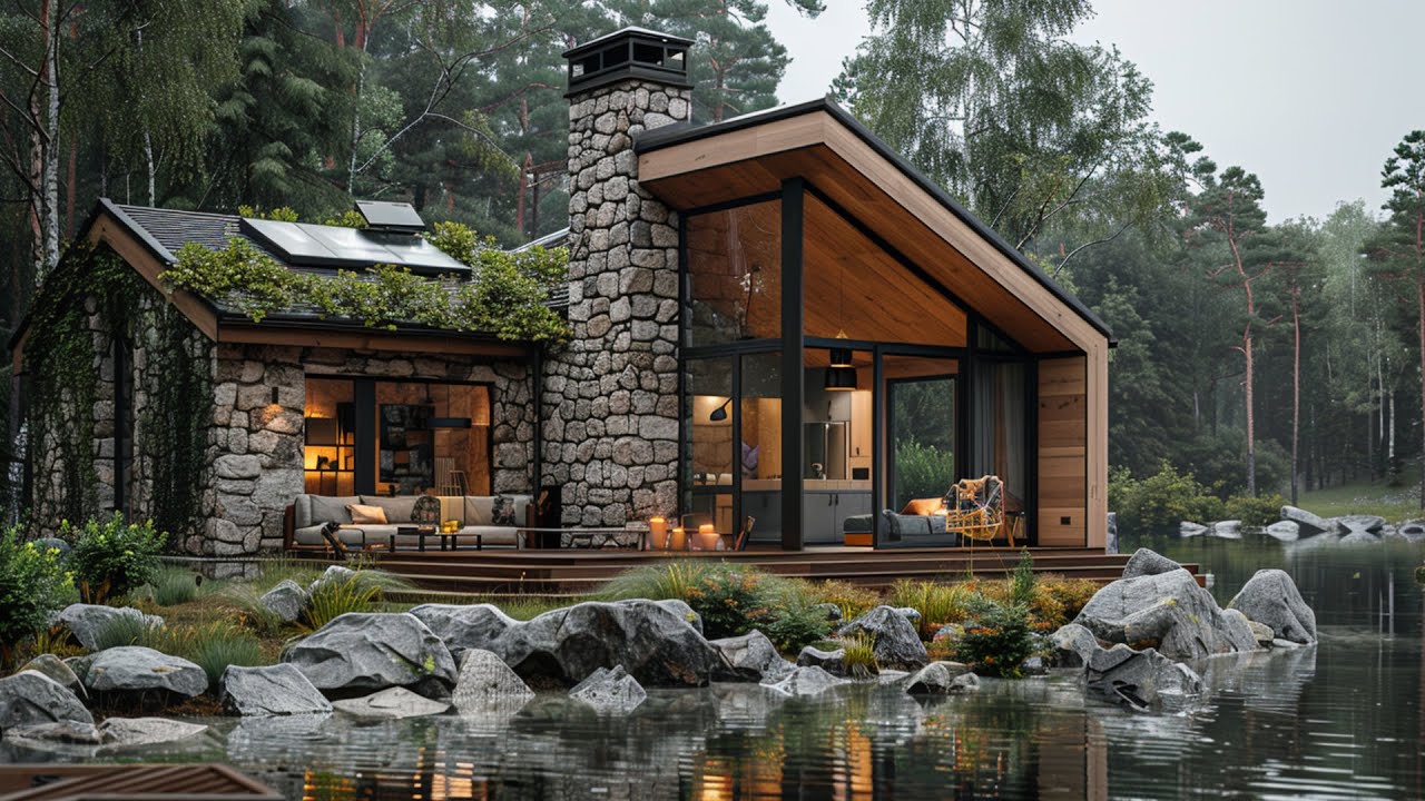 Modern Rustic Cabin by a Serene Lake: Cozy Wood & Stone Design in a ...
