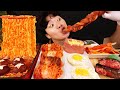 ASMR MUKBANG 열라면 & 떡볶이 & 치즈 통스팸 & 스테이크 FIRE Noodle & STEAK & CHEESE SPAM EATING SOUND!