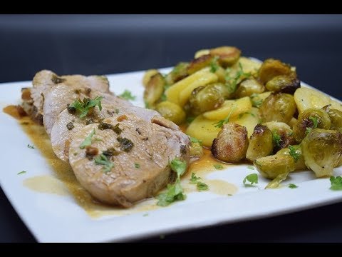 Marinated pork tenderloin with pan sauce and roasted Brussels sprouts