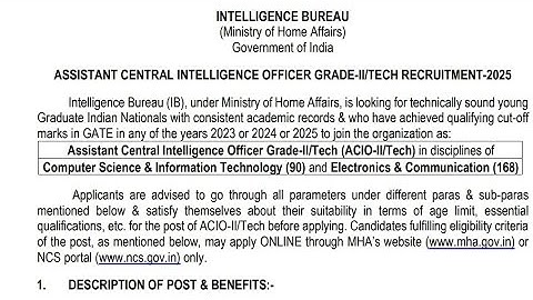 Intelligent Bureau IB  Tech Recruitment 2025 Qualification ll Total Post ll Last Date ll Salary ll 