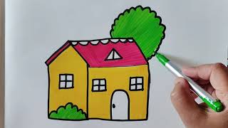 House drawing|How to draw a cute house|Easy step by step drawing & coloring for kids & toddlers