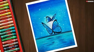 drawing butterfly in moonlight with oil pastel / how to draw butterfly scenery easy