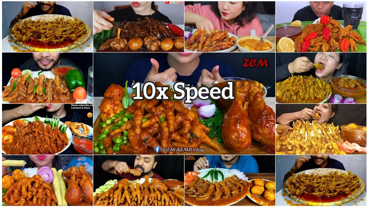 ASMR Eating || Spicy Chicken Feet Curry With Basmati Rice, Salad & Chillies | Indian Food Mukbang