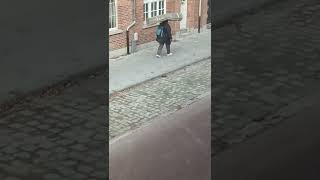 Vrouw Wandelt Met Tapijt Op Hoofd Door Leuvense Binnenstad