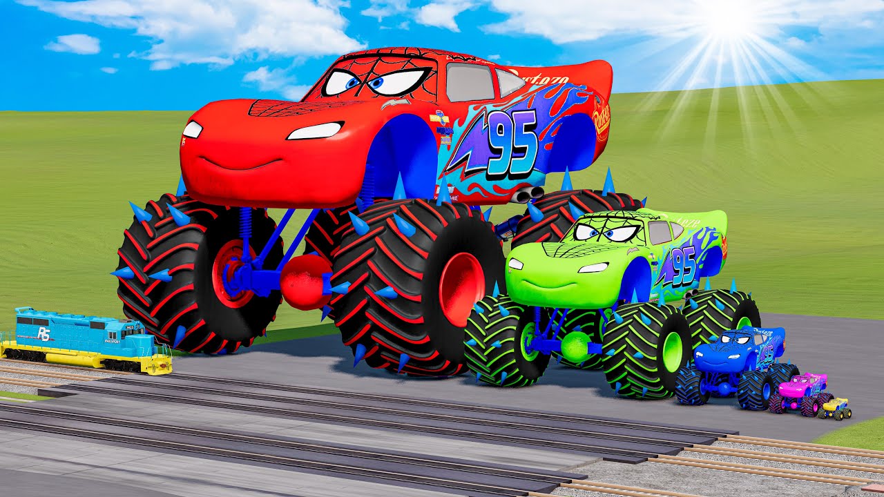 Big and Small McQueen Spiderman vs Train Thomas | BeamNG.Drive