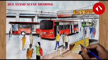 Bus stand drawing with watercolors | bus stop drawing easy