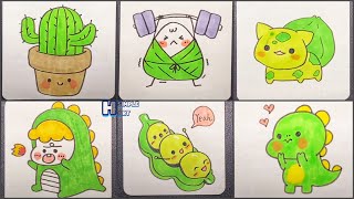 Vẽ Hình Cute Đáng Yêu Với Màu Xanh Lá, Vẽ Tranh Thư Giãn Mỗi Ngày | Draw So  Cute #102 - Youtube