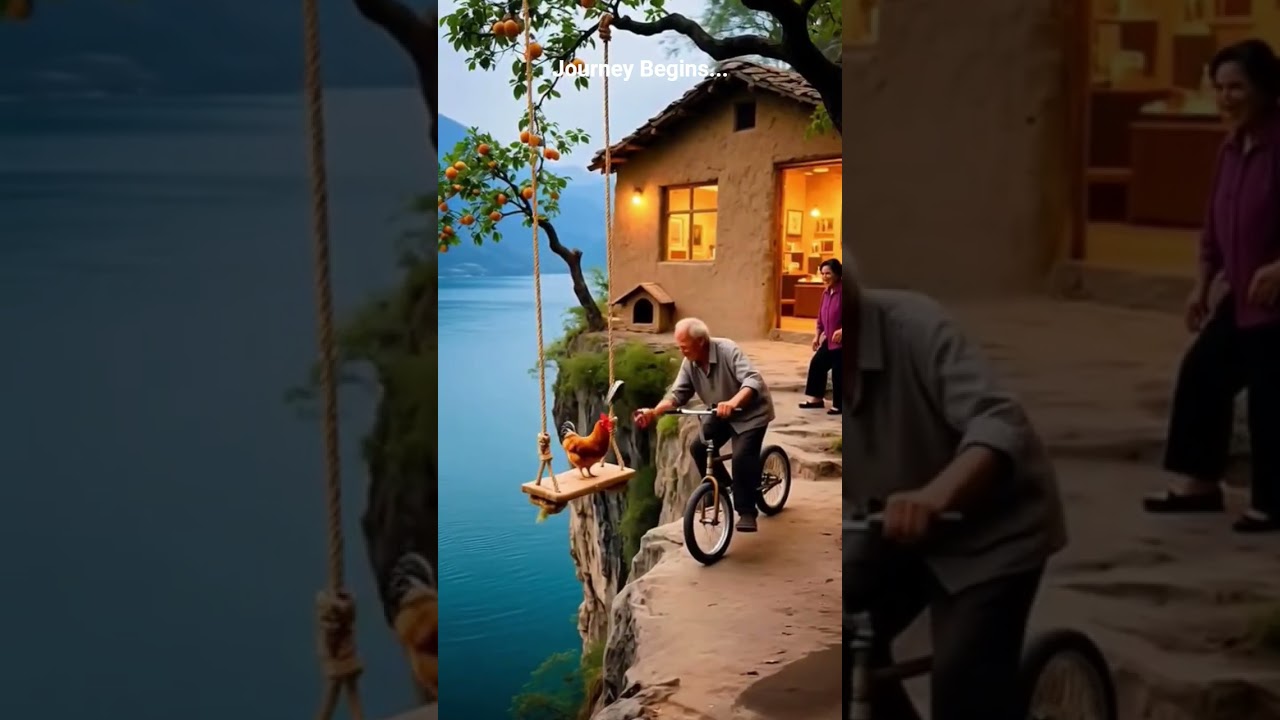 Cliffside Adventure: Man on Bike & Chicken Swing 🌄🐓 | Stunning Views & Nature Vibes 