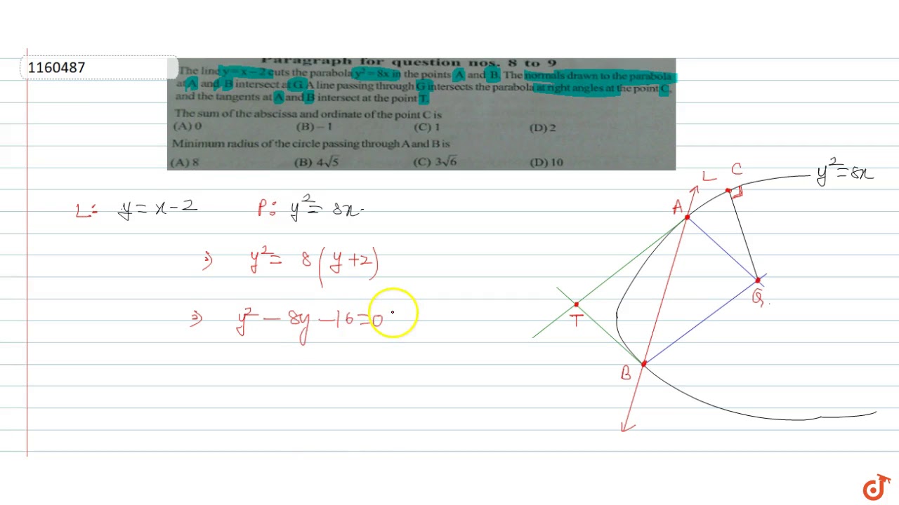 The Line Y X 2 Cuts The Parabola Y 2 8x In The Points A And B The Normals Drawn To Youtube