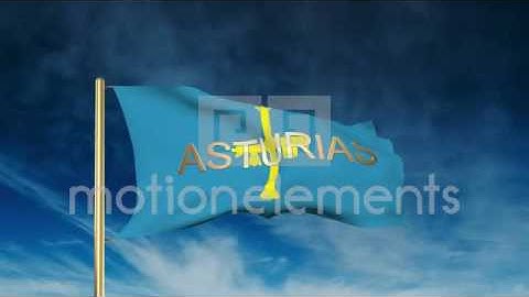 Asturias Flag Slider Style With Title. Waving In The Wind With Cloud Background Stock Animation