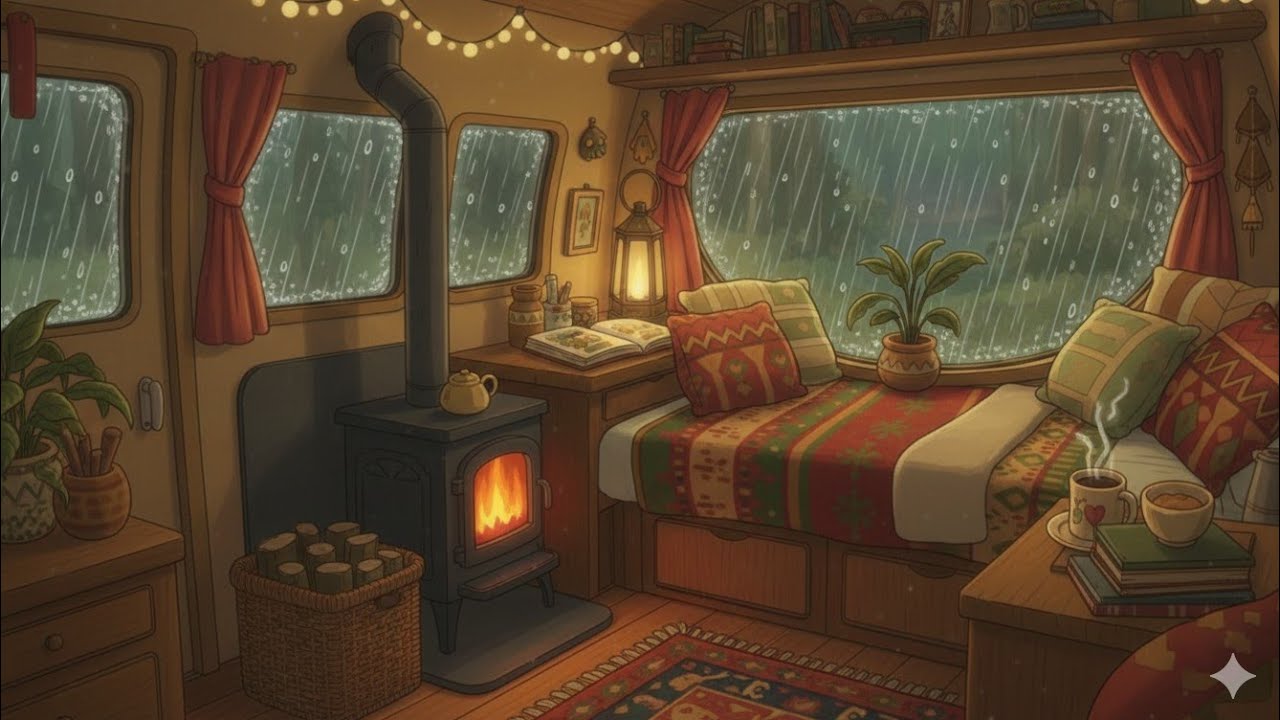 Heavy Rain Outside, Warm Family Inside 🌧️ | Cozy Ghibli-Style ASMR Van Life