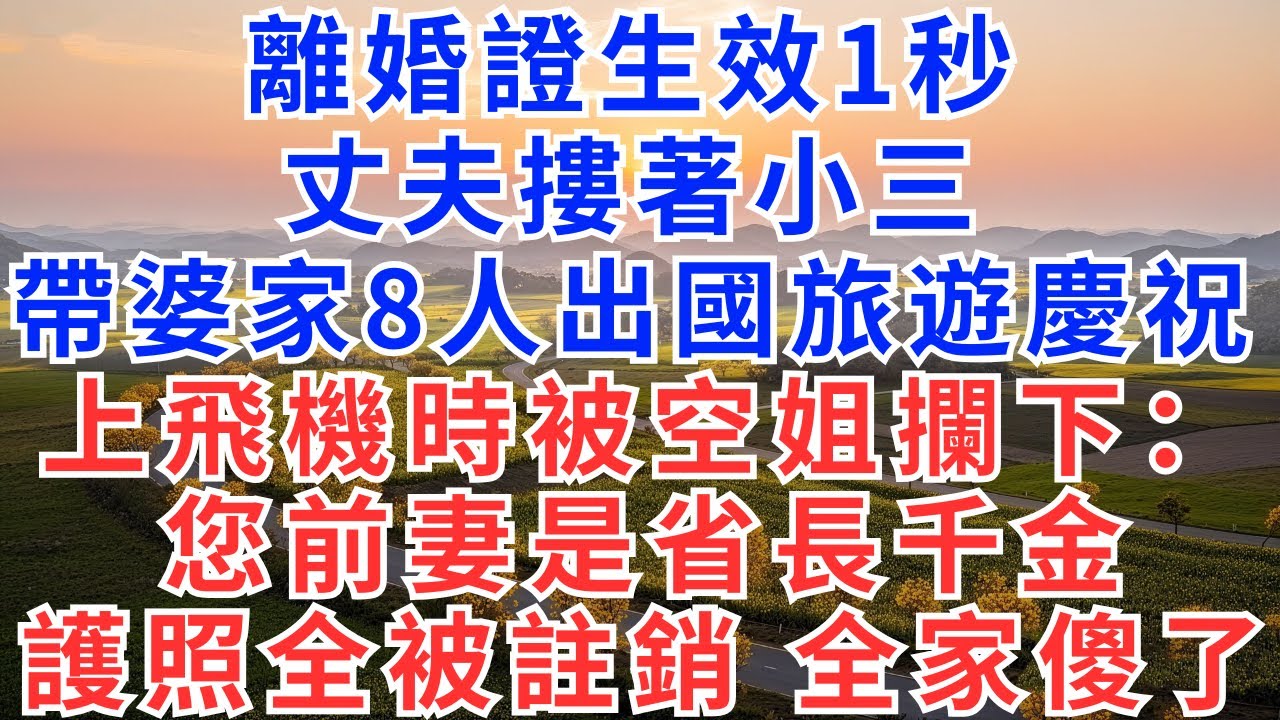 離婚證生效1秒，丈夫摟著小三，帶婆家8人出國旅遊慶祝，上飛機時被空姐攔下：您前妻是省長千金，護照全被註銷，全家傻了！#小說#故事#為人處世#家庭關係#女性成長#故事分享#慧心家事#講故事