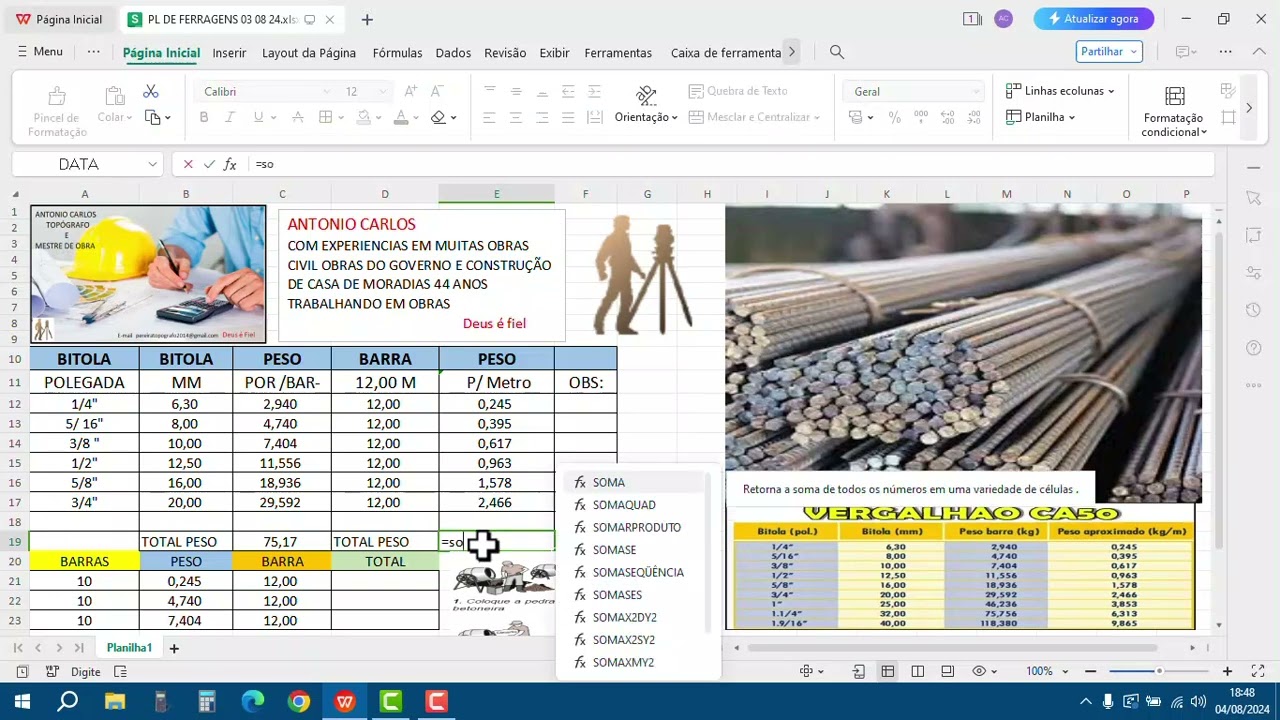 COMO CALCULAR PESO DE FERRAGEM BARRA DE 12 METROS 6 8 24 DEUS  E FIEL