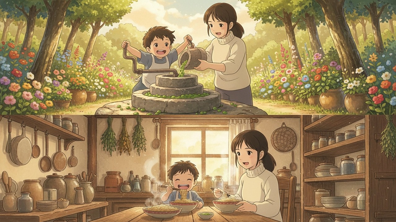 Fresh from the Garden — Mother and Son Cook a Cozy Family Meal | Ghibli Style