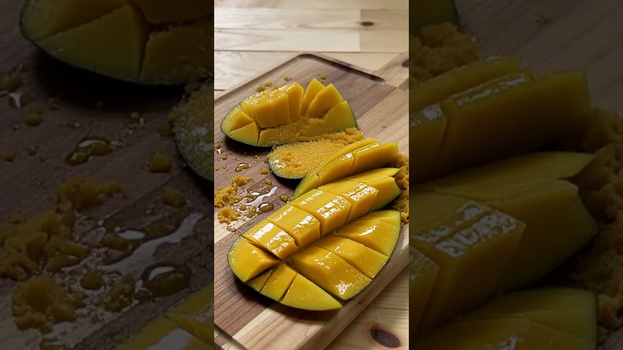 AI ASMR : Glossy yellow mango being slowly peeled
