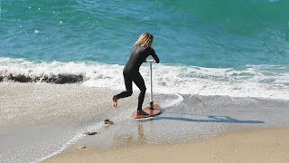 Professional Skimboarder Riding Weird Boards On Weird Waves