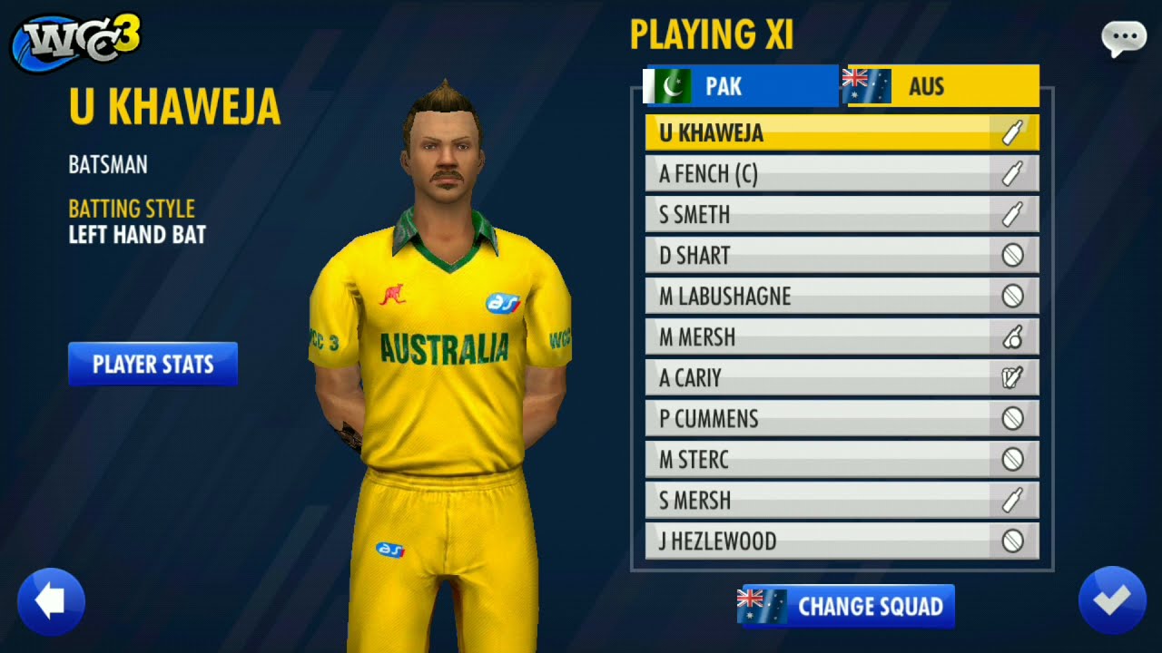 Change opponent squad players in World Cricket Championship 3