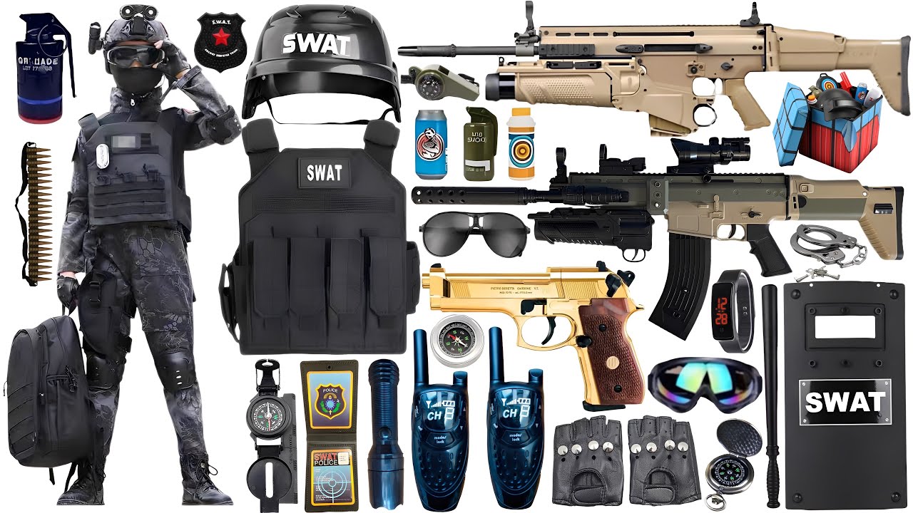Special police weapon toy set unboxing,SCAR assault rifle,submachine gun,bulletproof vest, time bomb