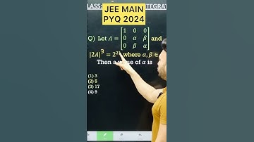 Q) If A = [ 1 0  0 0 a  b 0 b a ] and |2A|^3 = 2^21 Where a,b € Z , Then a value of a #markettiming