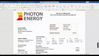 Czech Republic Photon Energy utility bill template in Word and PDF format