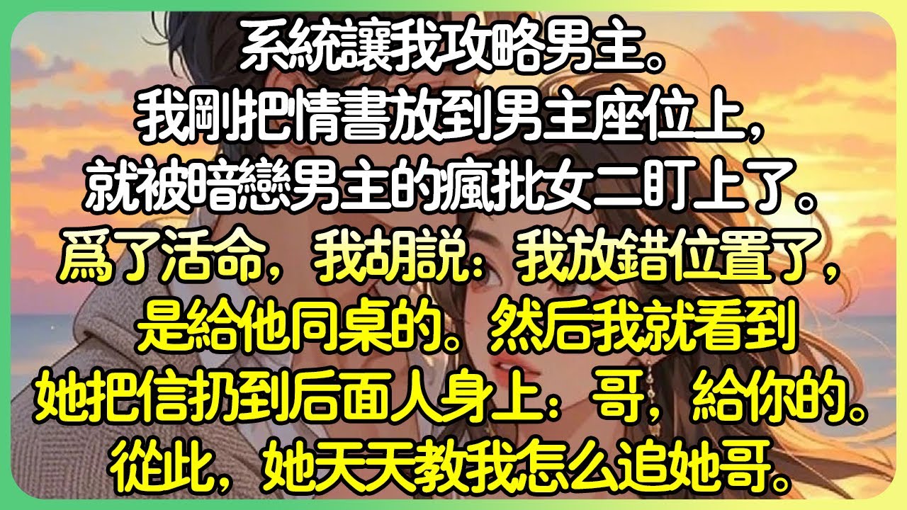 現言甜文💕系統讓我攻略男主。我剛把情書放到男主座位上，就被暗戀男主的瘋批女二盯上了。為了活命，我胡說：我放錯位置了，是給他同桌的。然後我就看到她把信丟到後面人身上：哥，給你的。