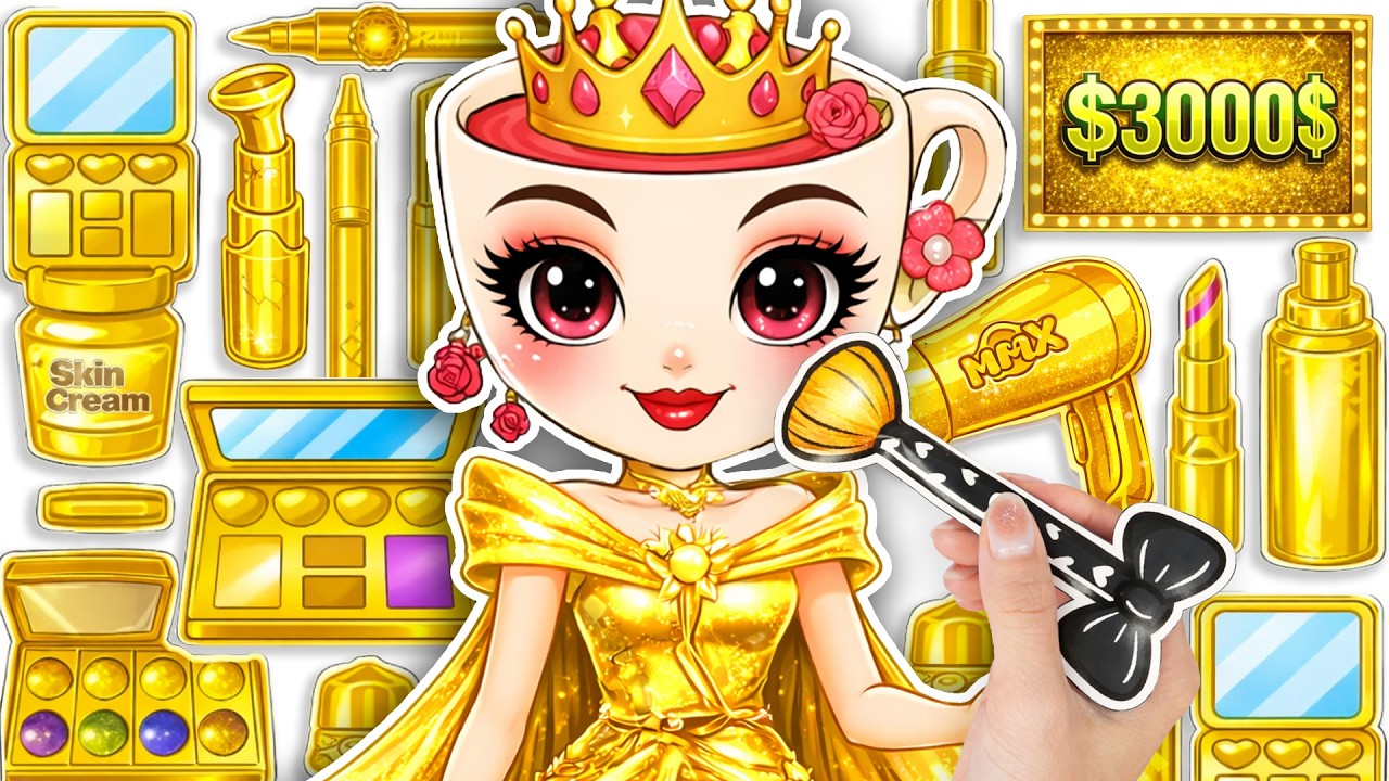 💄Paper DIY💄 ITALIAN BRAINROT Ballerina Cappuccina Glow Up GOLD Luxury Fashion Makeup Unboxing ASMR🎀