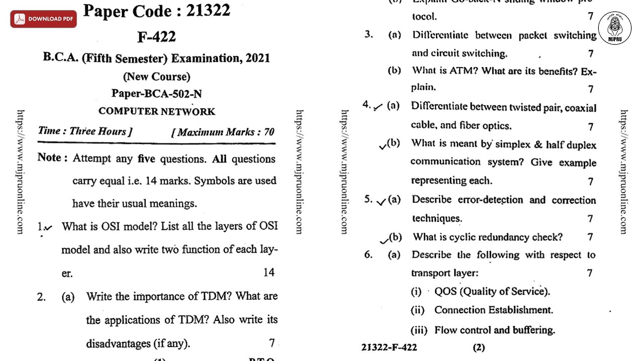 BCA 5TH SEM COMPUTER NETWORK 2021 | MJPRU