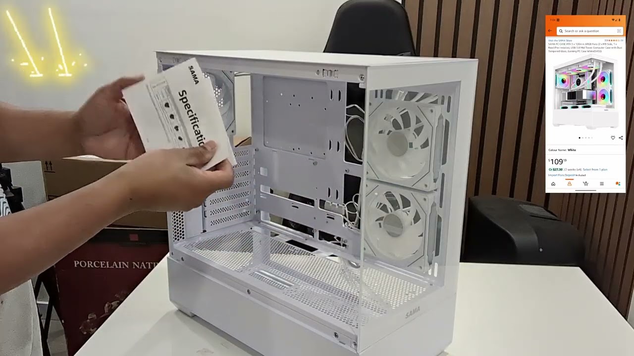 SAMA PC CASE ATX 3 x 120mm ARGB Fans (2 x MB Side, 1 x Rear) USB 3.0 Mid Tower Unboxing