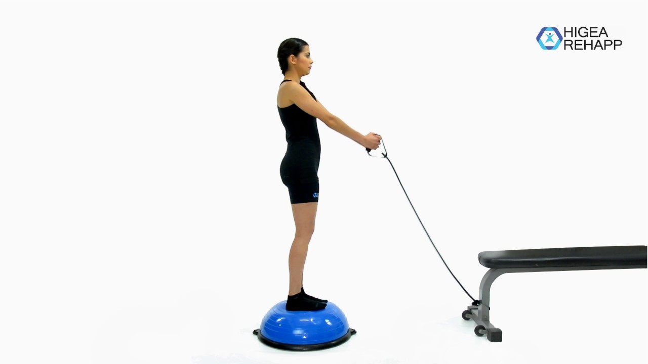physiotherapy exercises Rotación de tronco con banda tubular sobe base inestable
