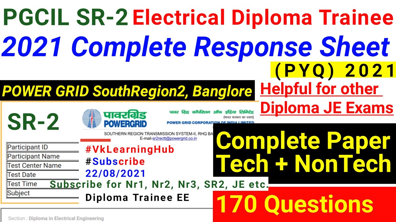 PGCIL SR2 Electrical Diploma Complete Response sheet 22Aug2021 | POWERGRID PAPER 2021 JE | PGCIL PYQ