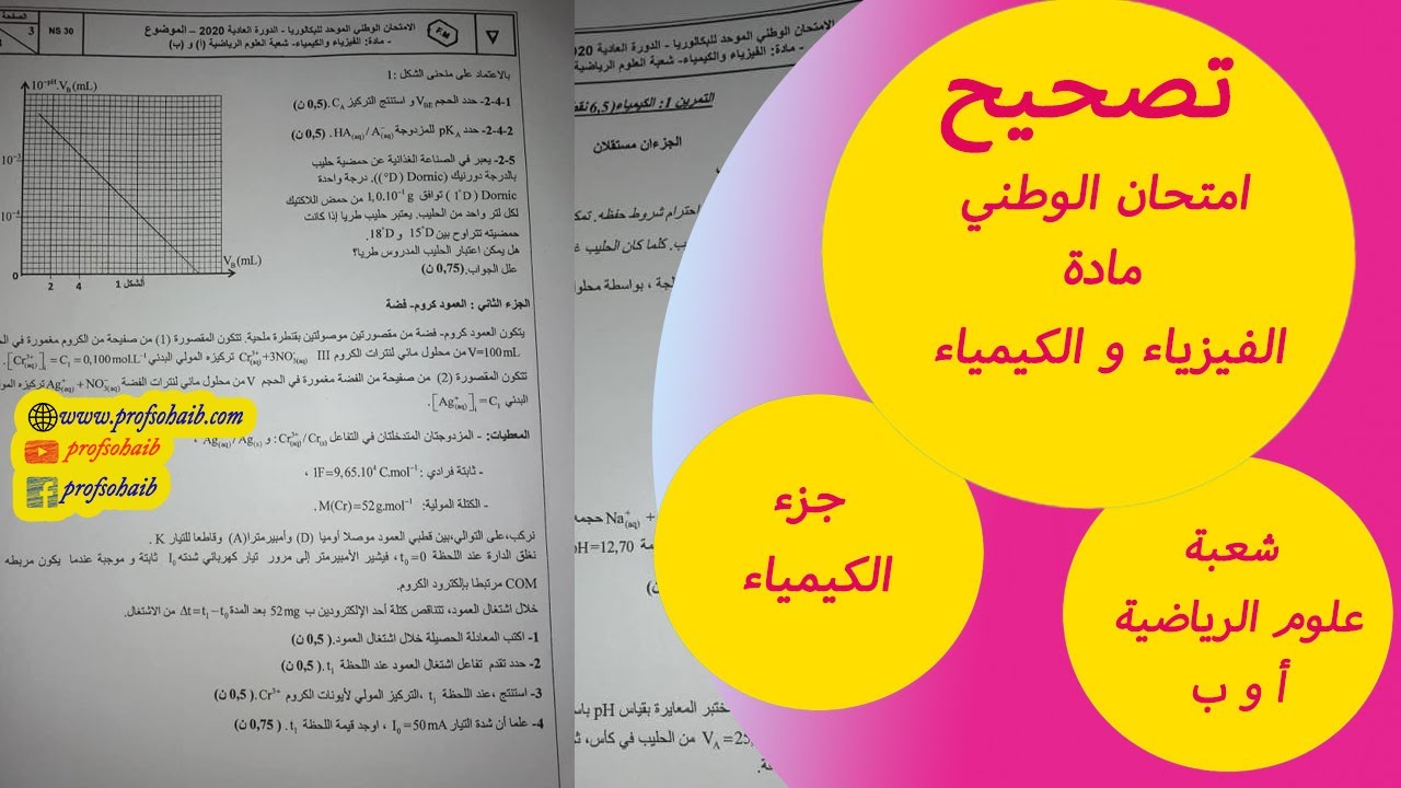 تصحيح الامتحان الوطني لمادة الفيزياء والكيمياء علوم الرياضية أ و ب جزء الكيمياء لسنة 2020