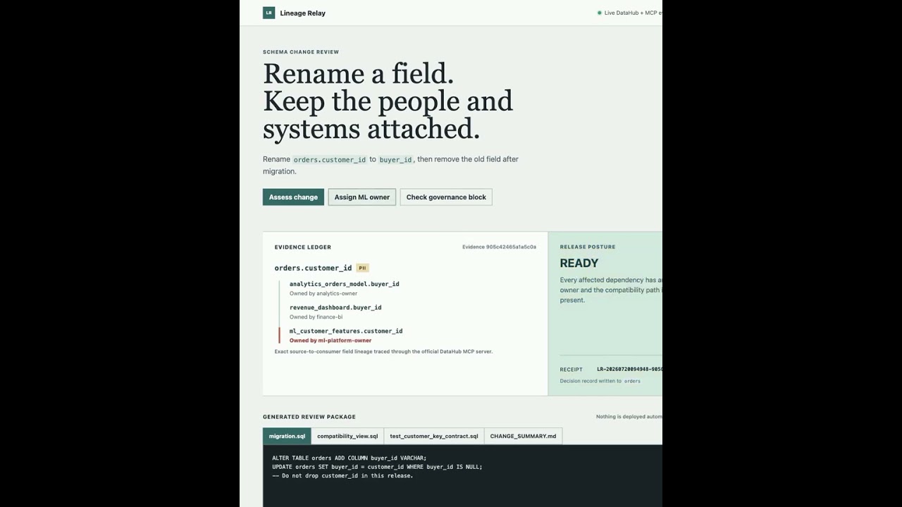 Lineage Relay: DataHub MCP Evidence for Safer Schema Changes