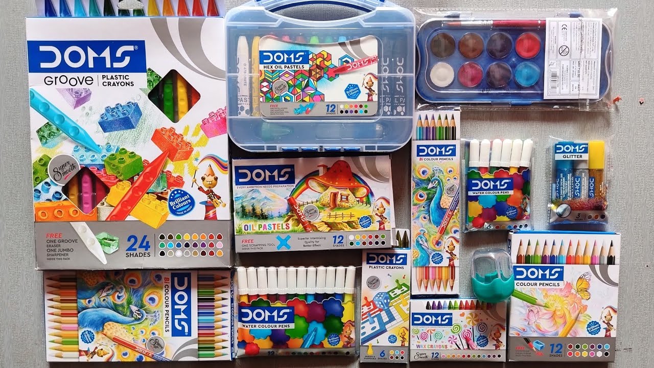 doms biggest colours collection🤩 water colour, plastic crayons, oil pastel colour, doms glitter