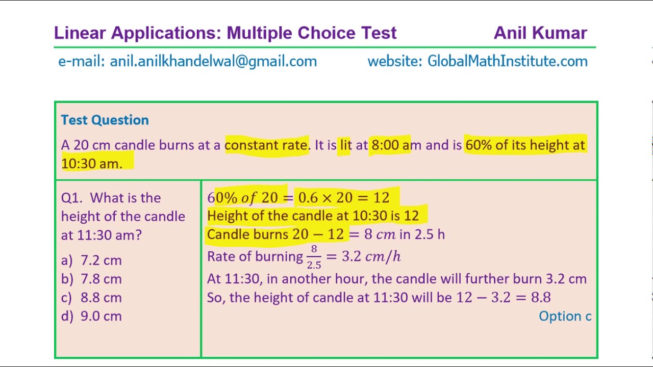 Find the height of the candle burning at constant rate Linear