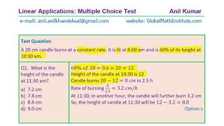 Find the height of the candle burning at constant rate Linear Applications GCSE SAT IBSL Grade 9