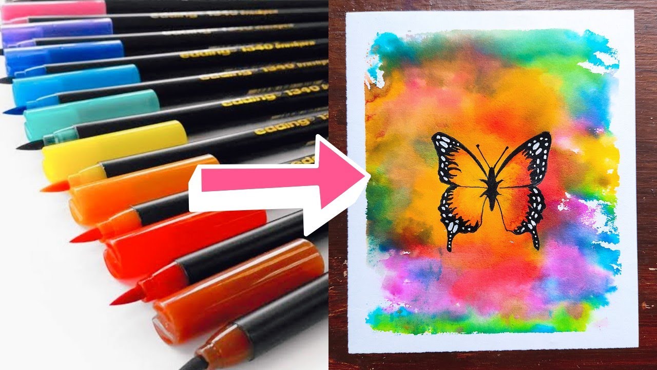 Drawing BUTTERFLY with Brush Pen, Watercolor effect