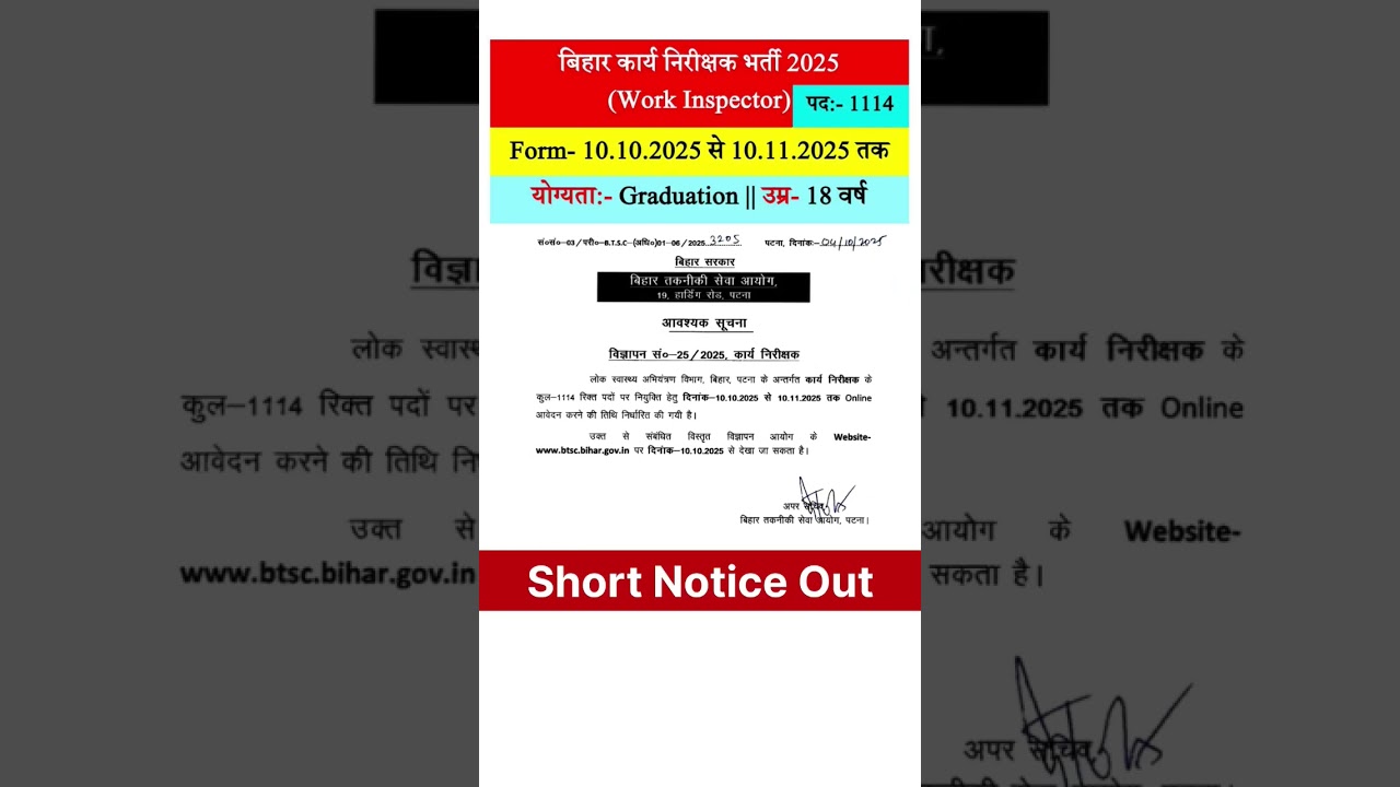 BTSC WORK INSPECTOR NOTIFICATION OUT😍आयु, सिलेबस, योग्यता 