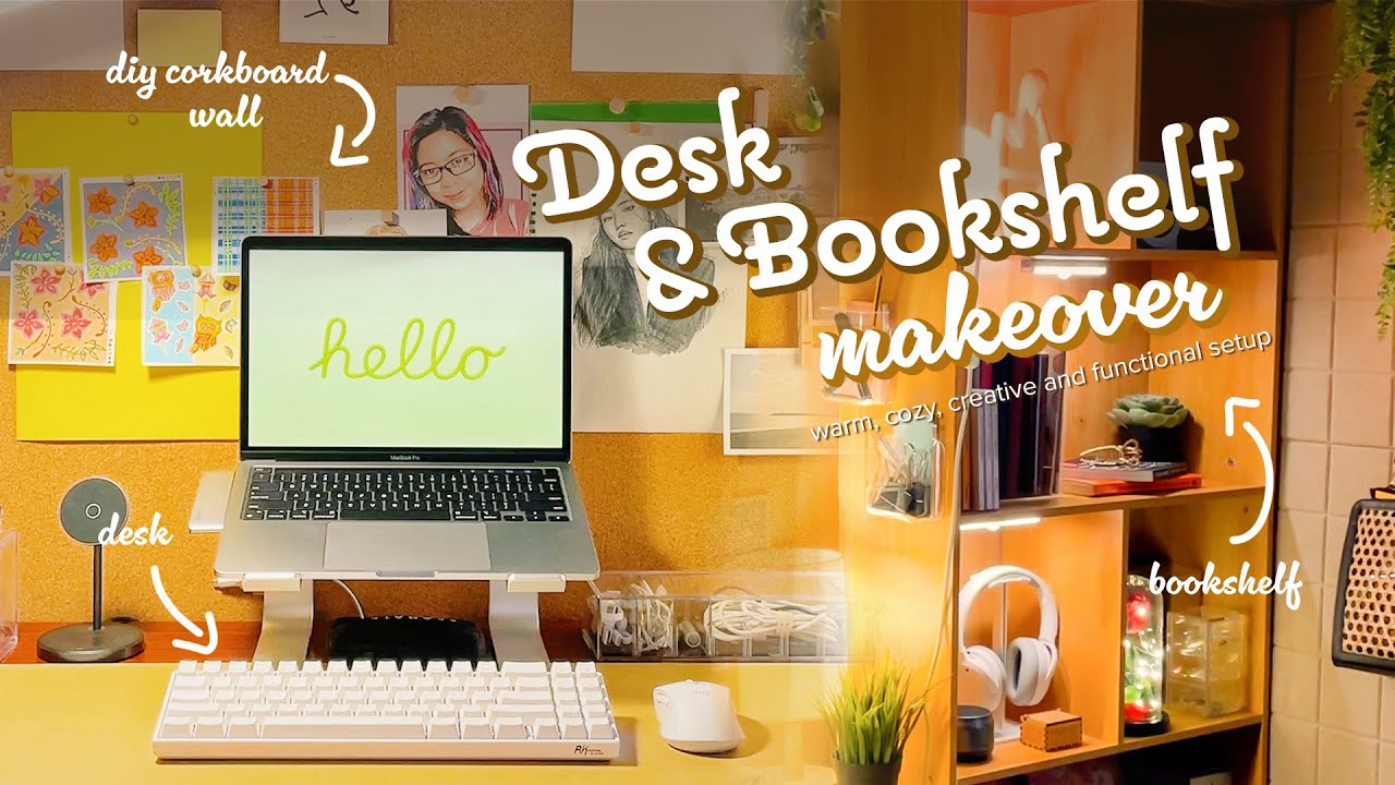 My Desk & Bookshelf Makeover + DIY Cork Board wall 2023 Cozy