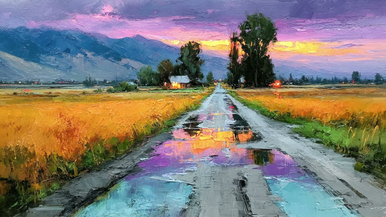 Pastel Rain Road | 1 Hour Cozy Cinematic 4K Oil Painting TV Wallpaper Ambience