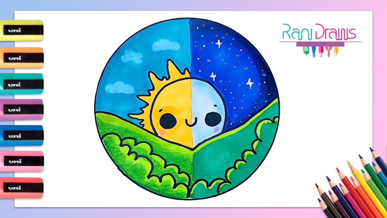 Cómo dibujar un paisaje de DÍA Y NOCHE kawaii - dibujos fáciles Paso a