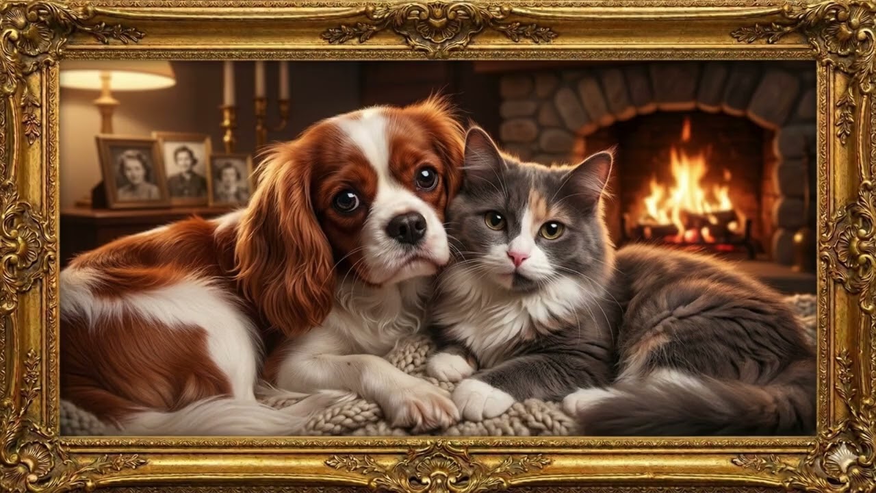 Snuggles by the fireplace TV Frame Art - protector de pantalla