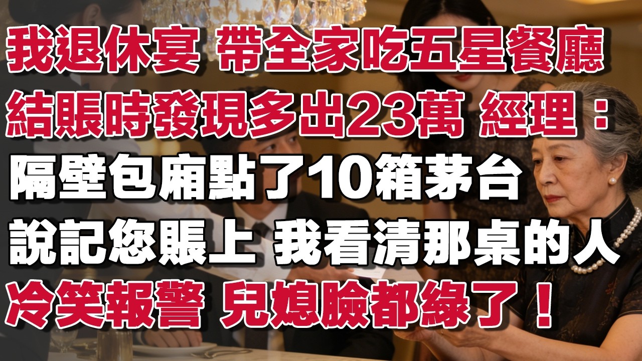 我退休宴 帶全家吃五星餐廳結賬時發現多出23萬 經理：隔壁包廂點了10箱茅台說記您賬上 我看清那桌的人冷笑報警 兒媳臉都綠了！#情感故事 #養老故事 #樂齡故事匯