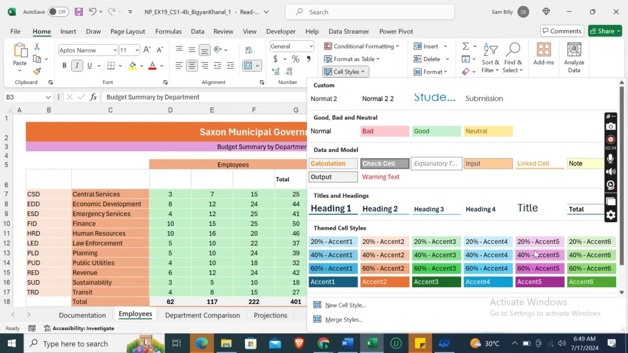Excel 2019 | Modules 1-4: SAM Capstone Project 1b | Saxon Municipal Government 