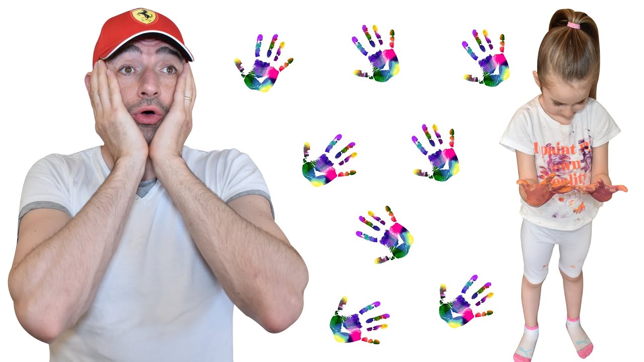 Leina and Dad Play Hands Painting Kids Art with Colored Paint