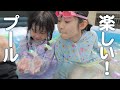 梅雨で1ヵ月以上待ったおうちプール解放！シャボン玉って持てるんだ